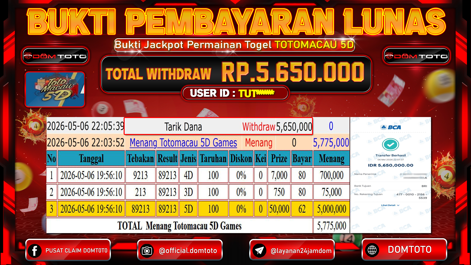 JACKPOT TOGEL Totomacau 5D Games 06 MAY 2026